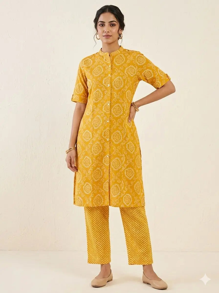 Women's 3/4 sleeves Mustard Yellow Bandhani Printed Kurti & Pant Co-Ord Set