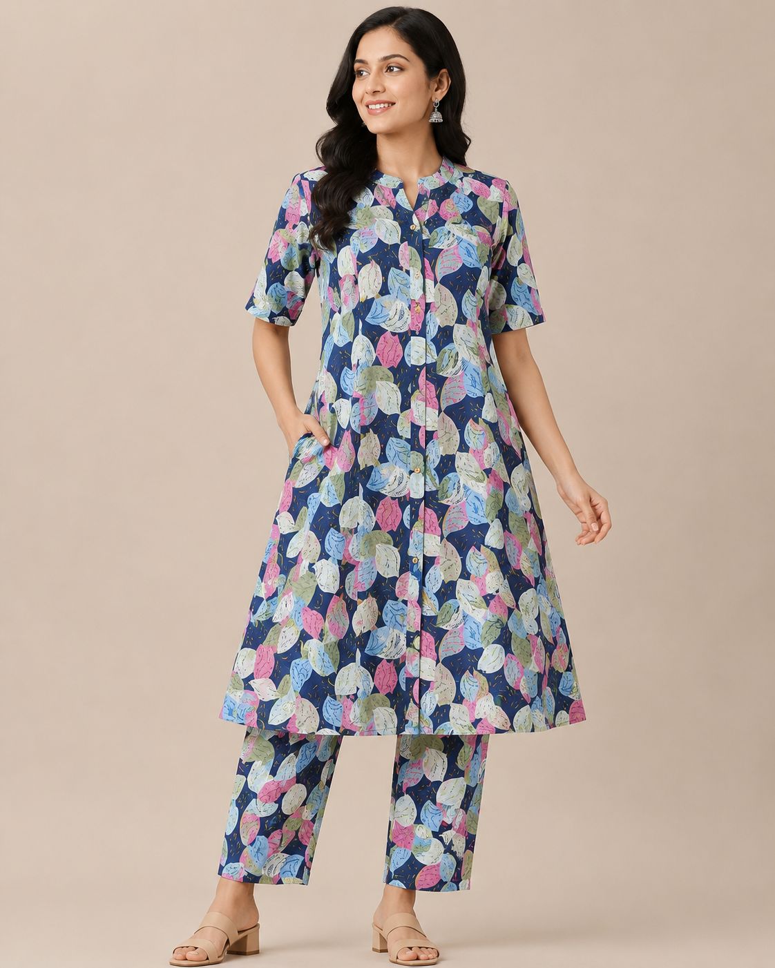 Women's 3/4 sleeves Navy Blue Leaf Printed Kurti & Pant Co-Ord Set