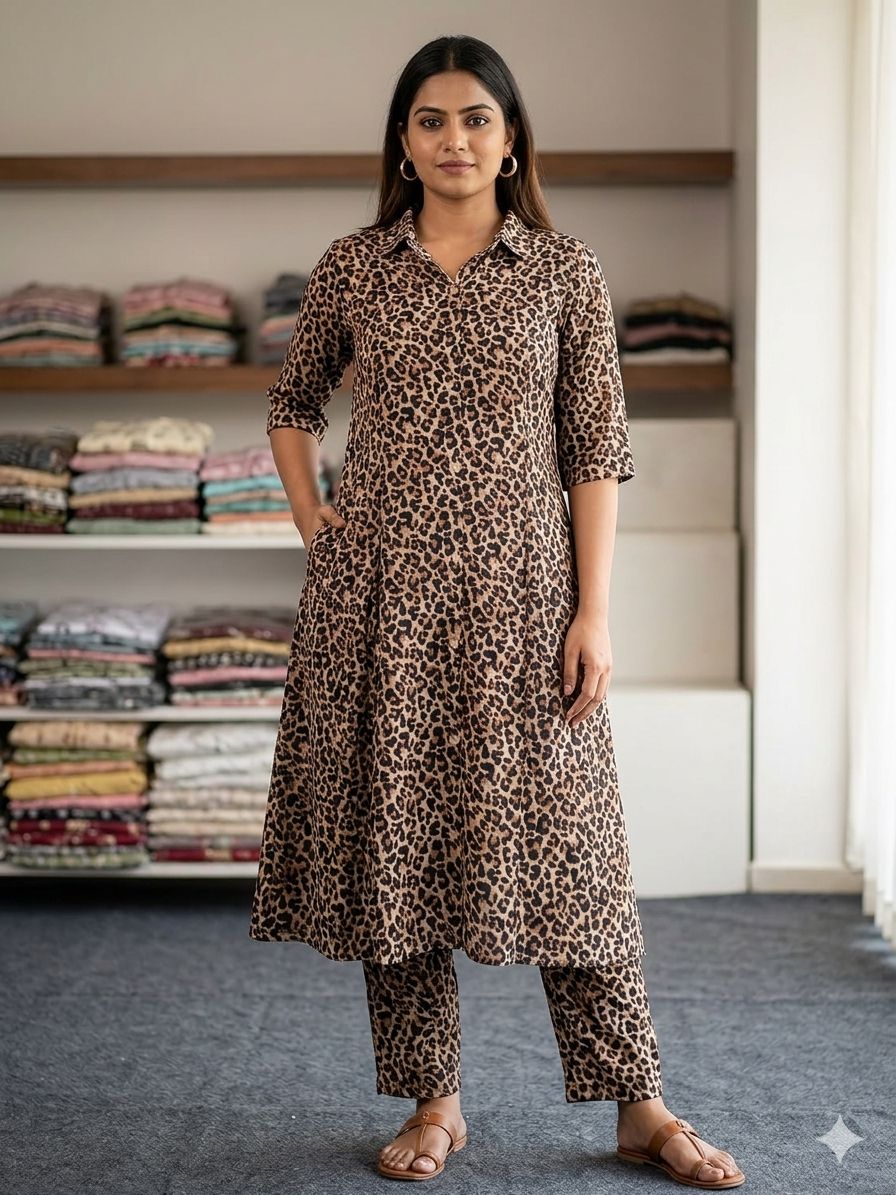 Women's Beige Brown Leopard Print Kurti & Pant 3/4 Sleeve Co-Ord Set