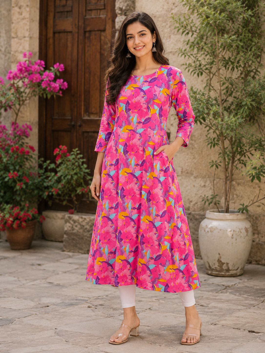 Women's full length Fuchsia Pink Abstract Floral Printed A-Line Kurti