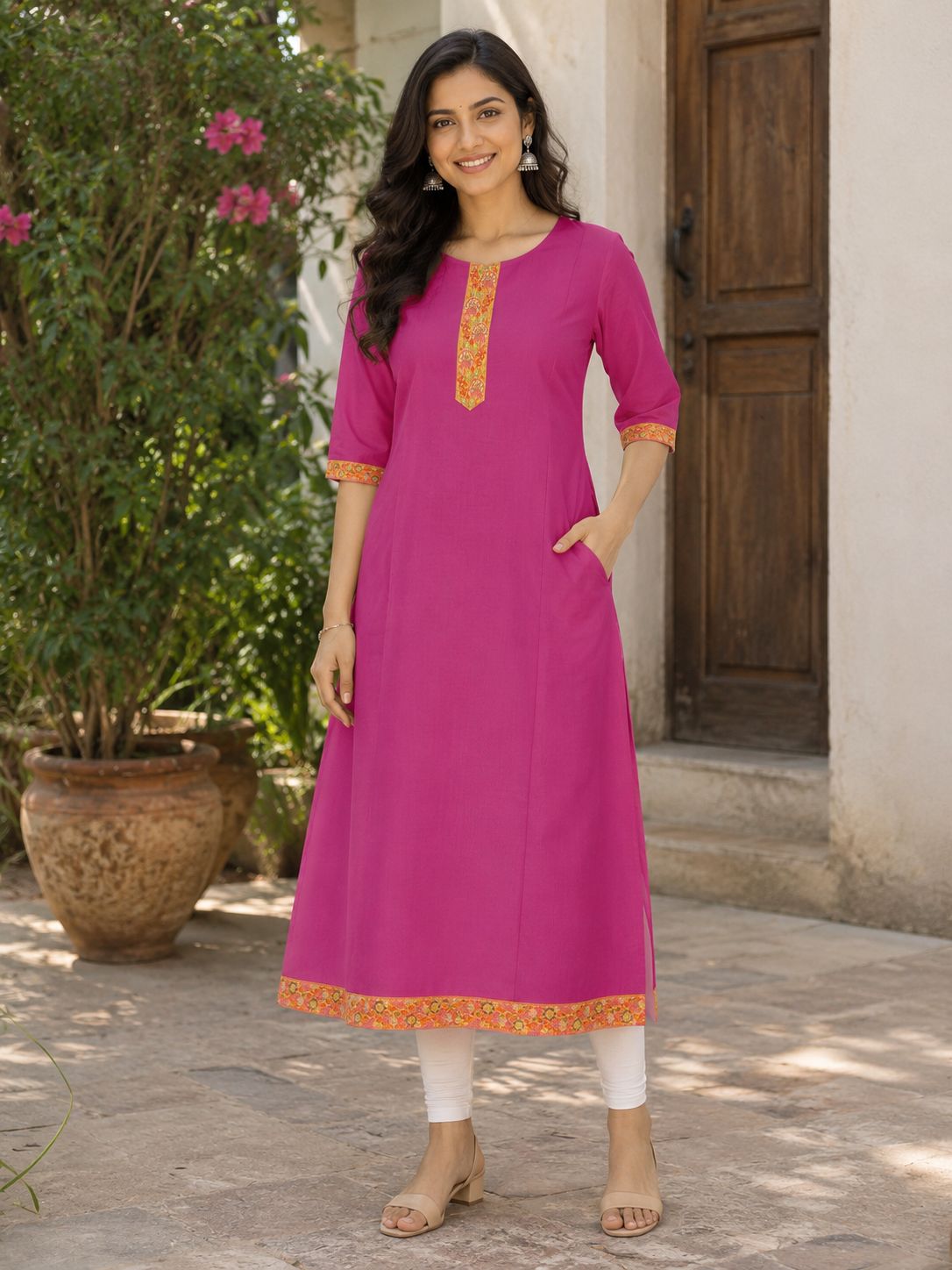 Women's 3/4 sleeves Magenta Pink Embroidered Straight Kurti with Floral Border