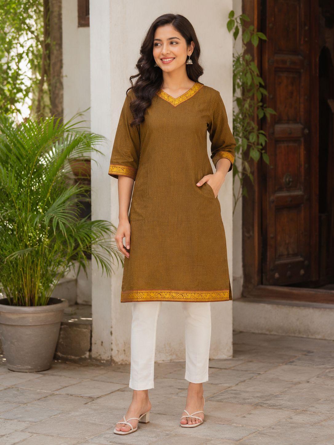 Women's Coffee Brown Elbow lengthTraditional Border Straight Kurti