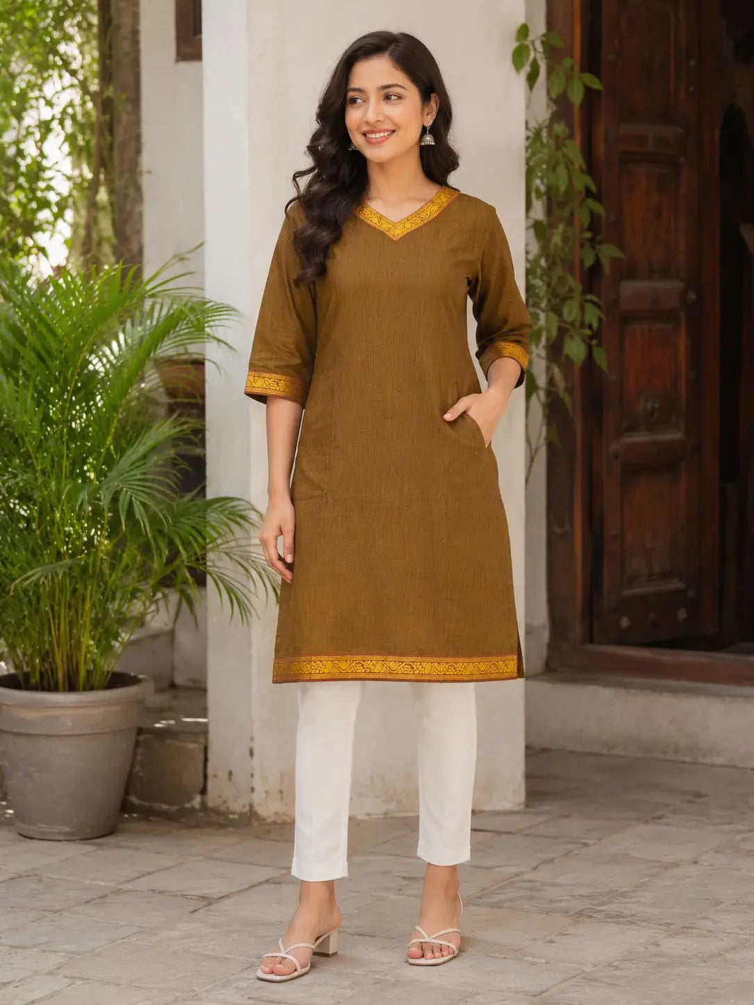 Women's Coffee Brown Elbow lengthTraditional Border Straight Kurti