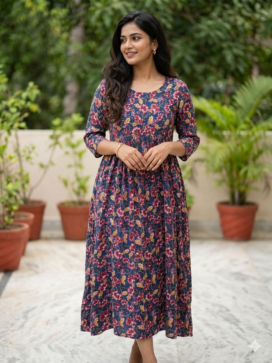 Women's Navy Blue 3/4 SLEEVES Floral Printed Gathered Maxi Dress