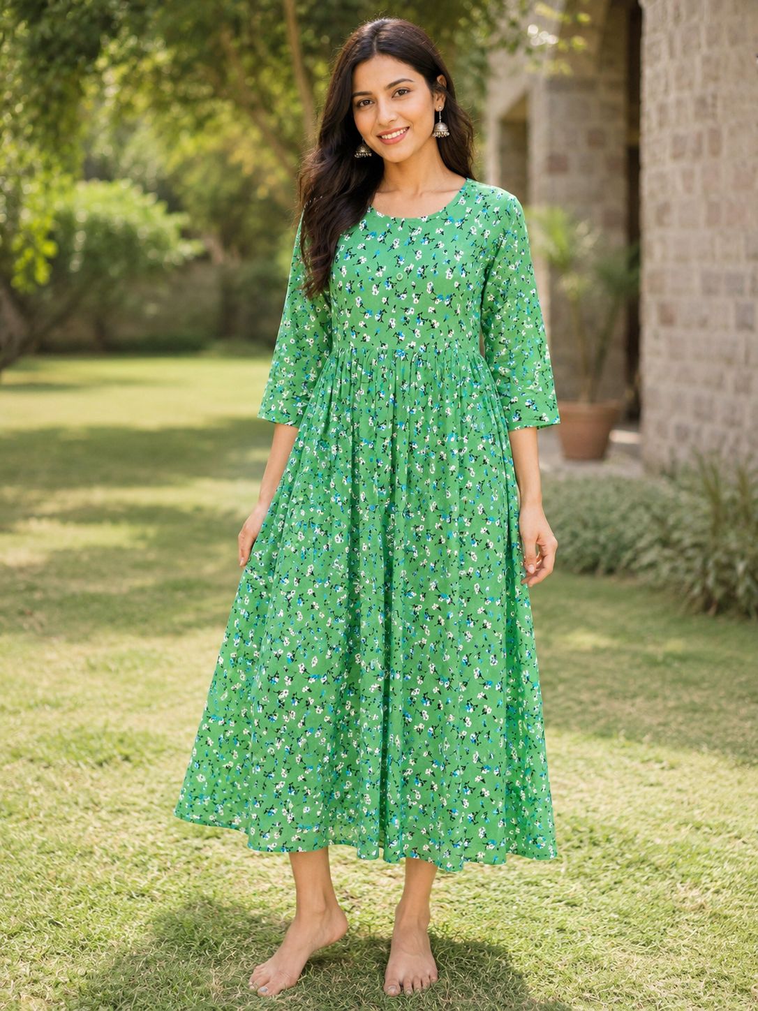 Women's Emerald Green Floral Printed 3/4 sleeves Gathered Kurti