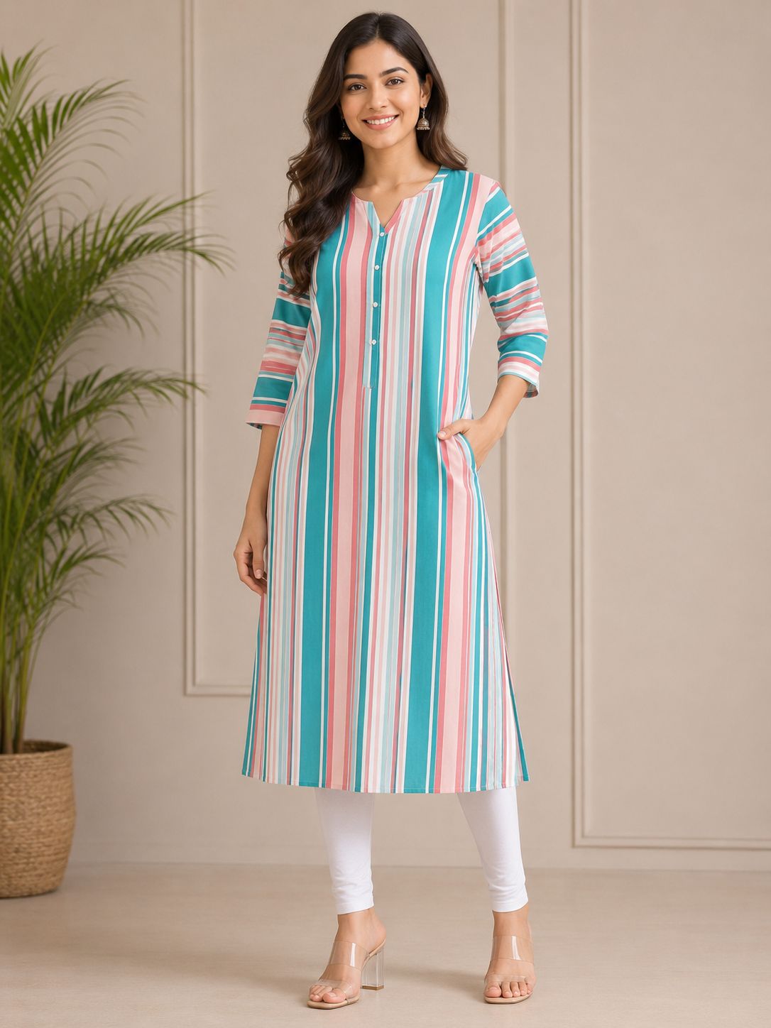 Women's 3/4 sleeves Aqua Blue & Blush Pink Vertical Stripe Straight Kurti