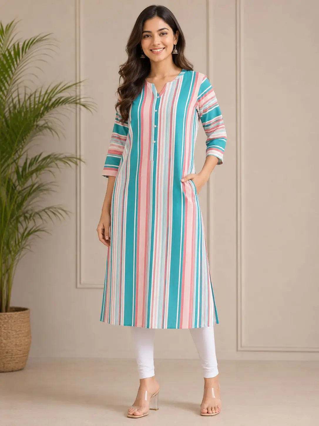 Women's 3/4 sleeves Aqua Blue & Blush Pink Vertical Stripe Straight Kurti
