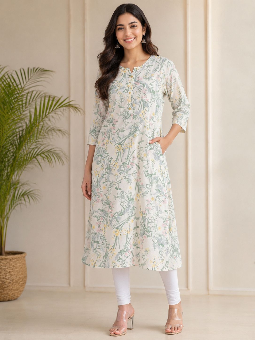 Women's 3/4 sleeves Off White Floral Botanical Printed A-Line Kurti