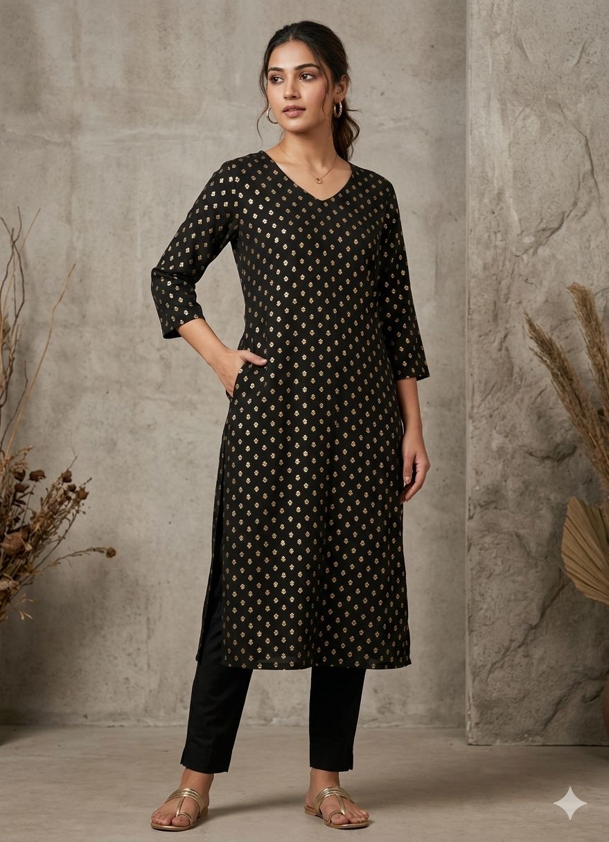 Women's 3/4 sleeves Black Gold Buti Printed A-Line Kurti