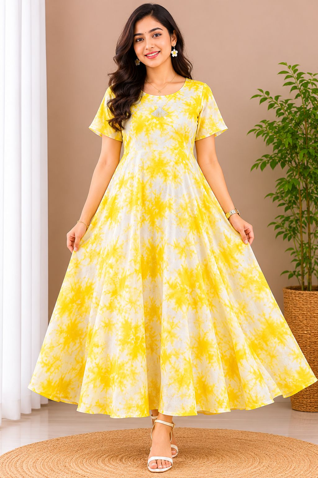 Women's short slvees Sunshine Yellow Tie-Dye Flared Maxi Dress