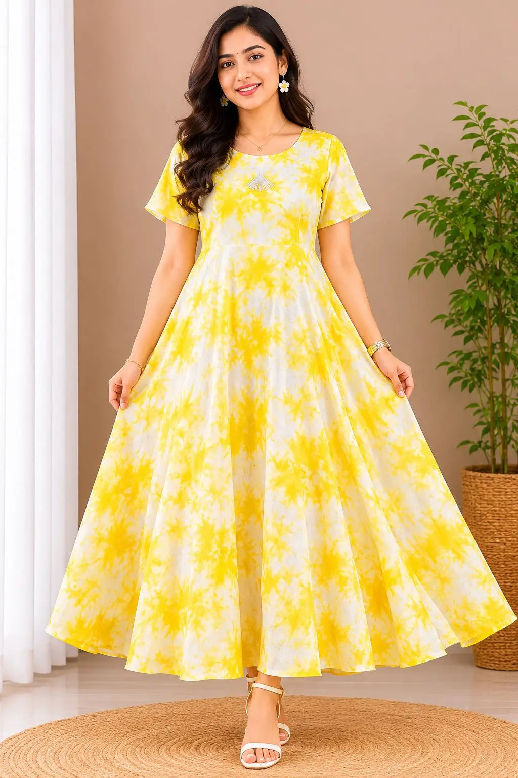 Women's short slvees Sunshine Yellow Tie-Dye Flared Maxi Dress