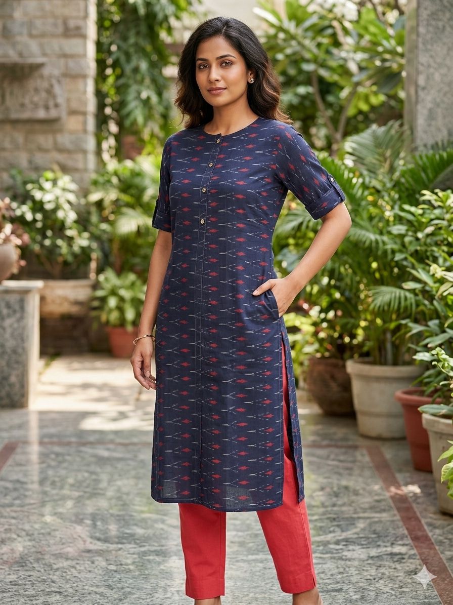 Women's Navy Blue Ikat Print Straight Kurti with Three-Quarter Sleeves