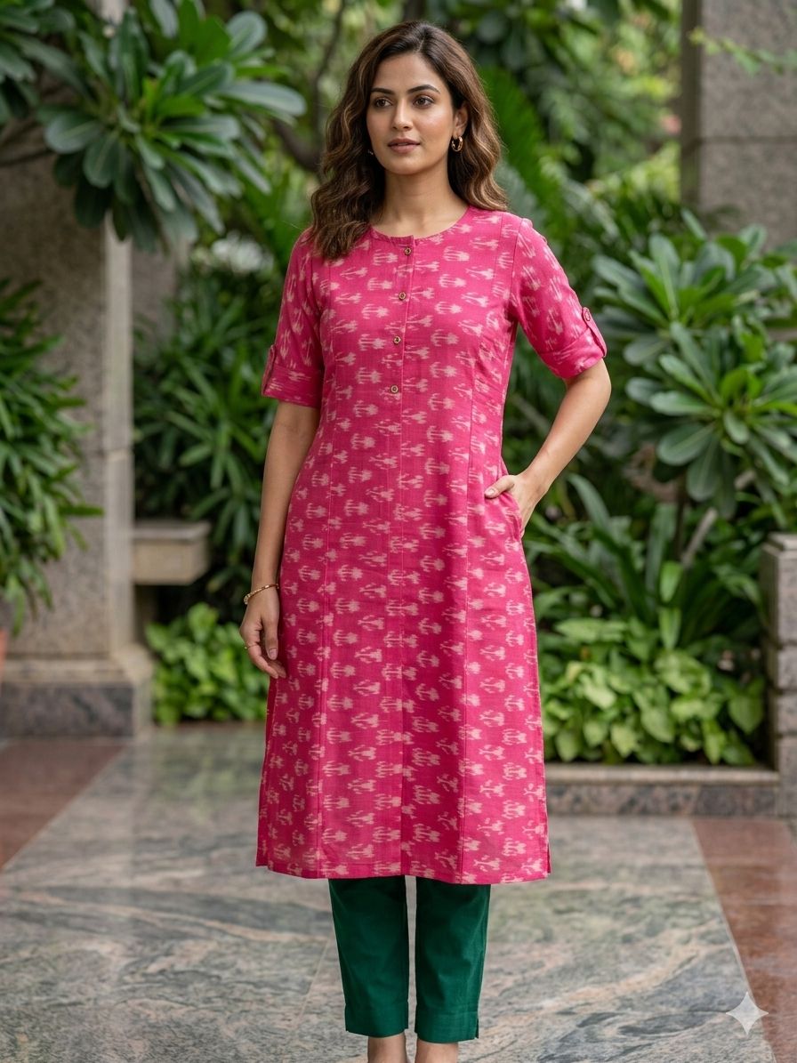 Women's Rani Pink Ikat Print Straight Kurti with Three-Quarter Sleeves