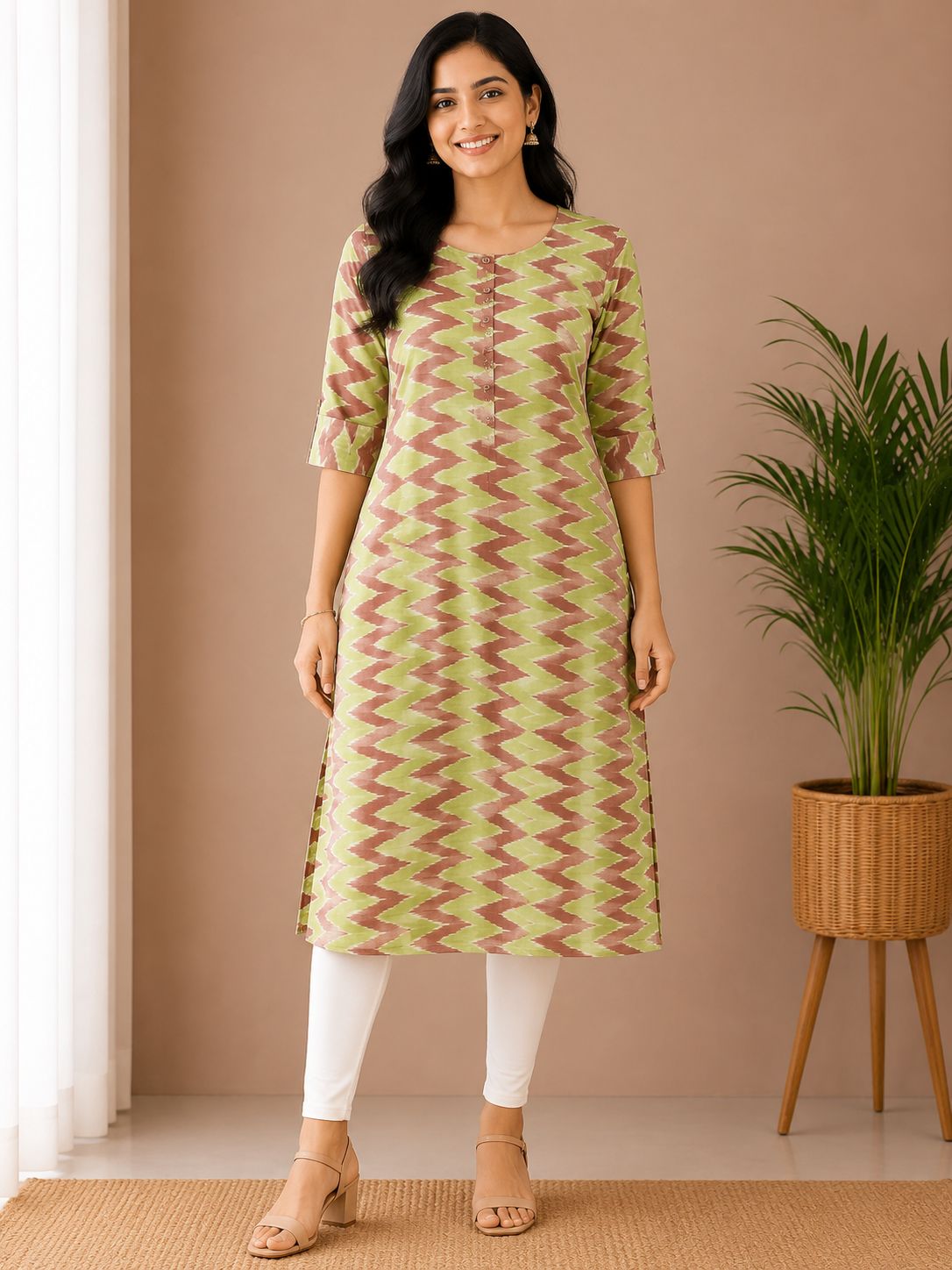 Women's Pistachio Green & Dusty Rose Ikat Print Straight Elbow-Length Sleeves Kurti