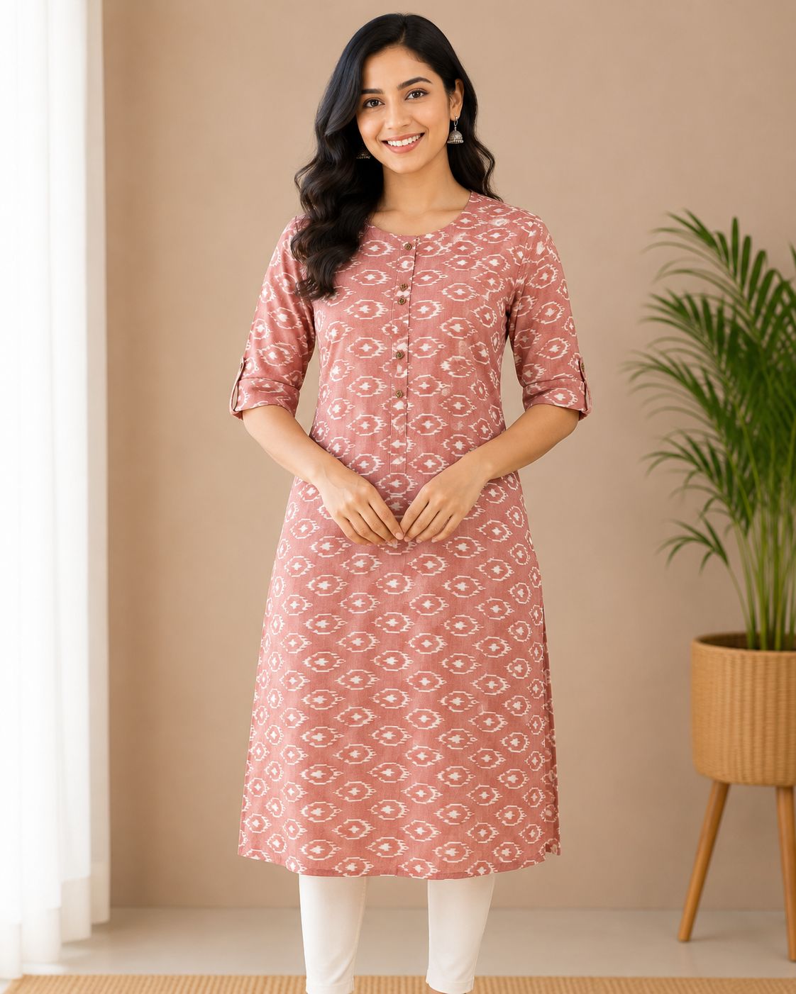 Women's Dusty Rose Ikat Print Straight Elbow-Length Sleeves Kurti