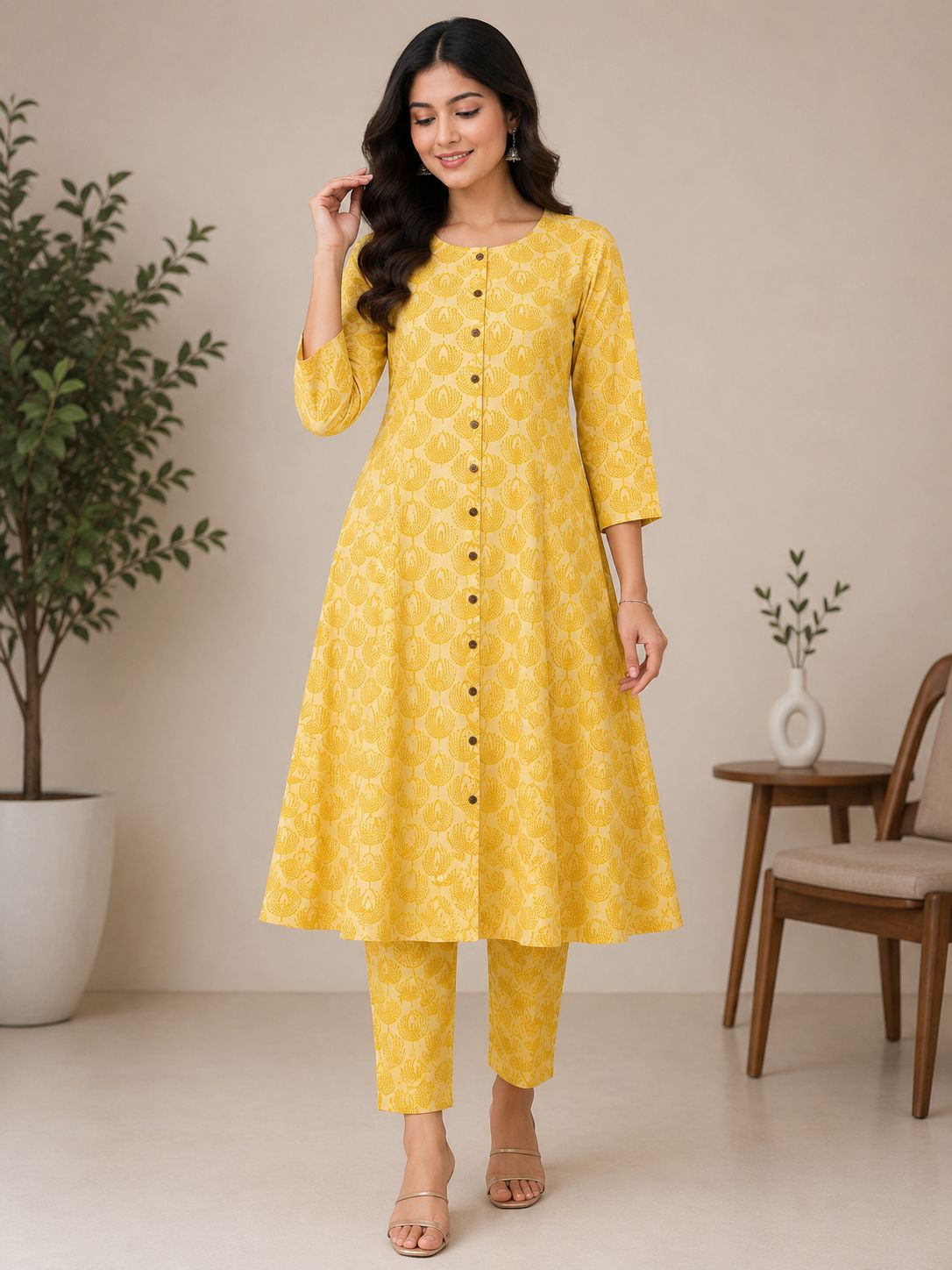 Women's Mustard Yellow Printed Kurti & Pant 3/4 SleeveS Co-Ord Set