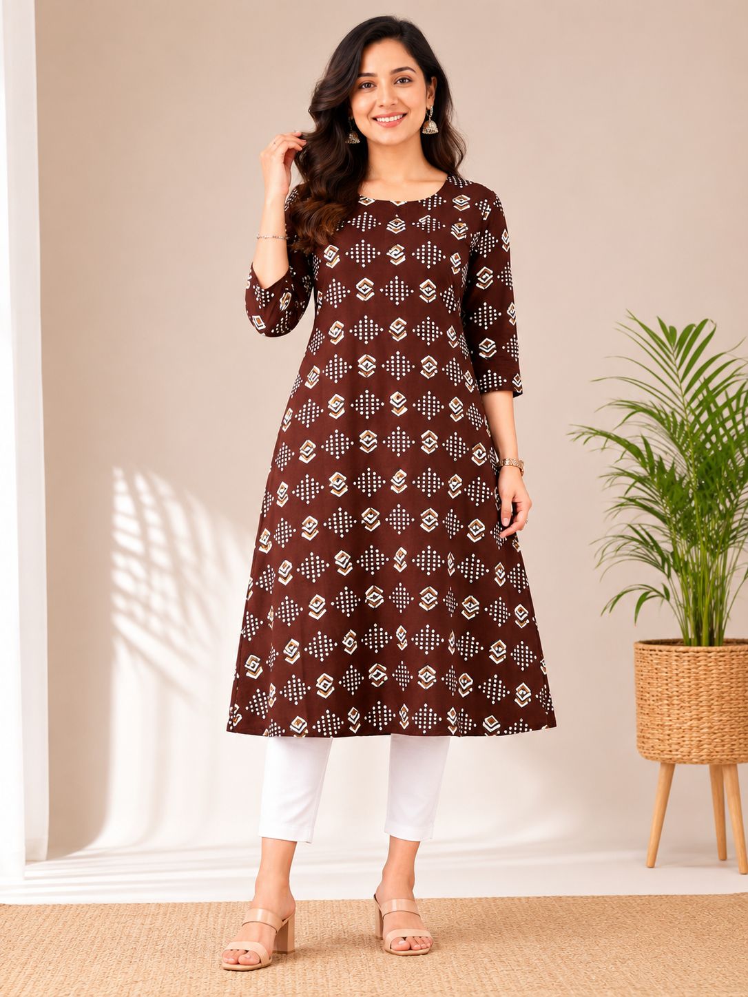 Women's Dark Chocolate Brown & Ivory White  Geometric Printed 3/4 sleeves Kurti