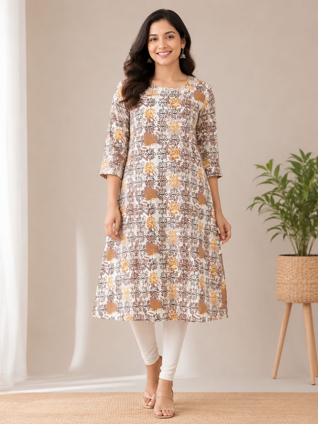 Women's Cream Beige Abstract Floral Printed 3/4 sleeves Kurti