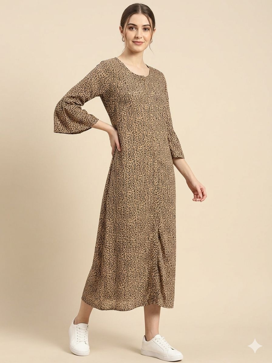 Women's Beige Brown Animal Print 3/4 sleeves A-Line Kurti