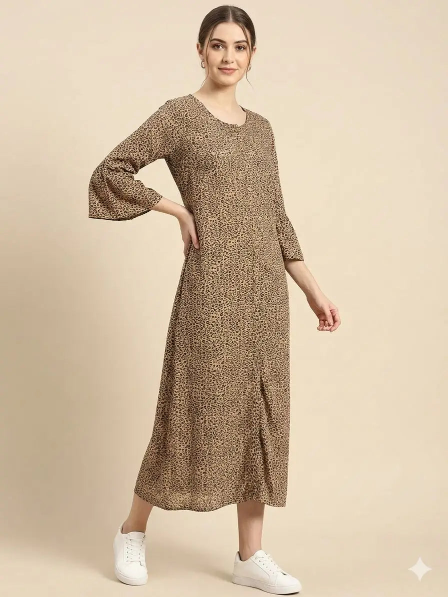 Women's Beige Brown Animal Print 3/4 sleeves A-Line Kurti