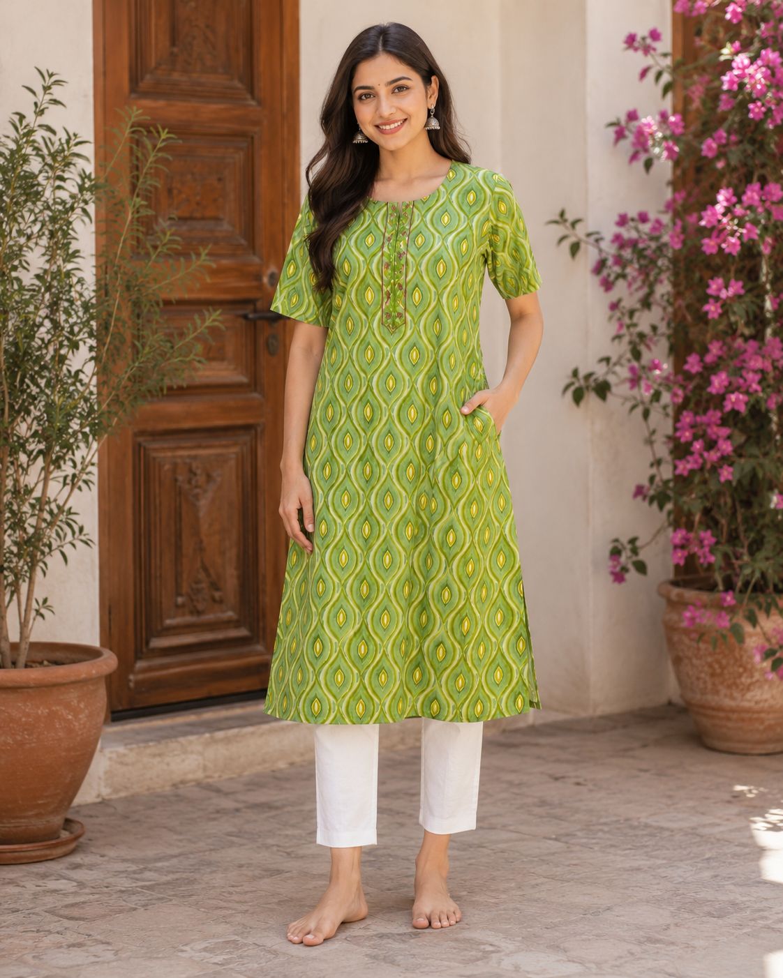 Women's short sleeves Lime Green Geometric Printed A-Line Kurti
