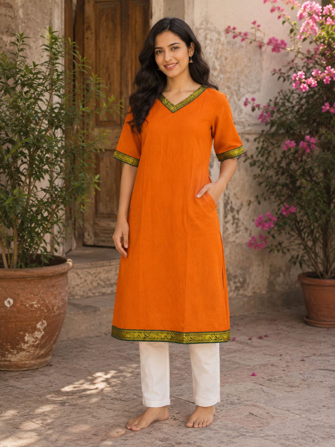 Women's3/4 sleeves Rust Orange Ethnic Border Straight Kurti