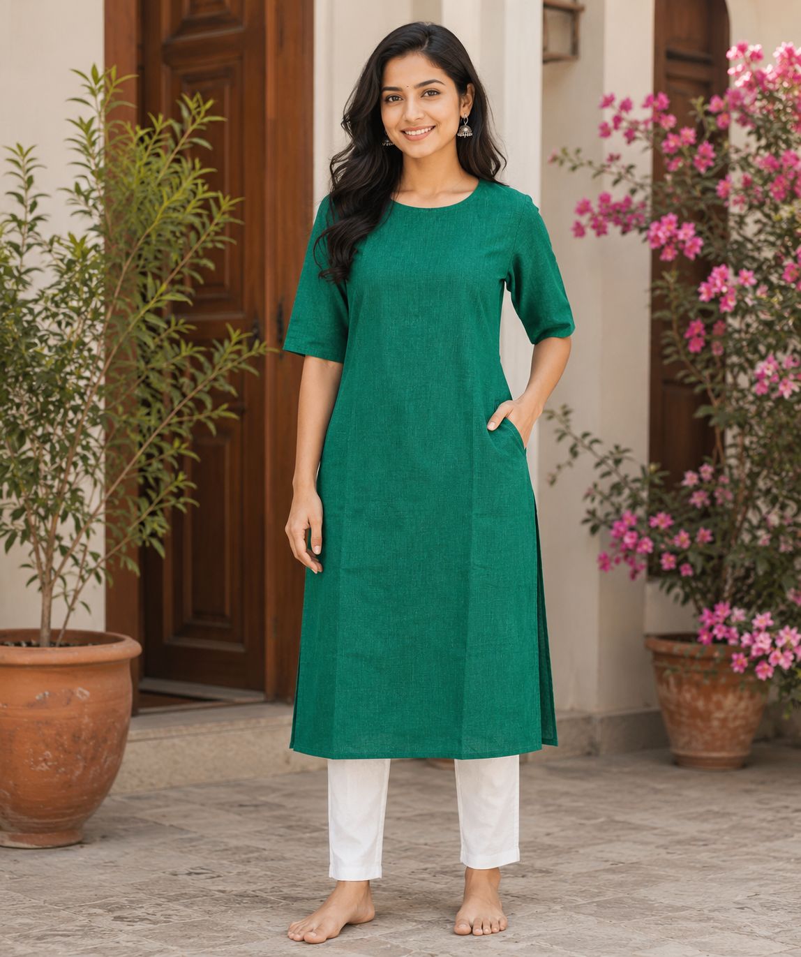 Women's 3/4 sleeves Emerald Green Solid A-Line Kurti