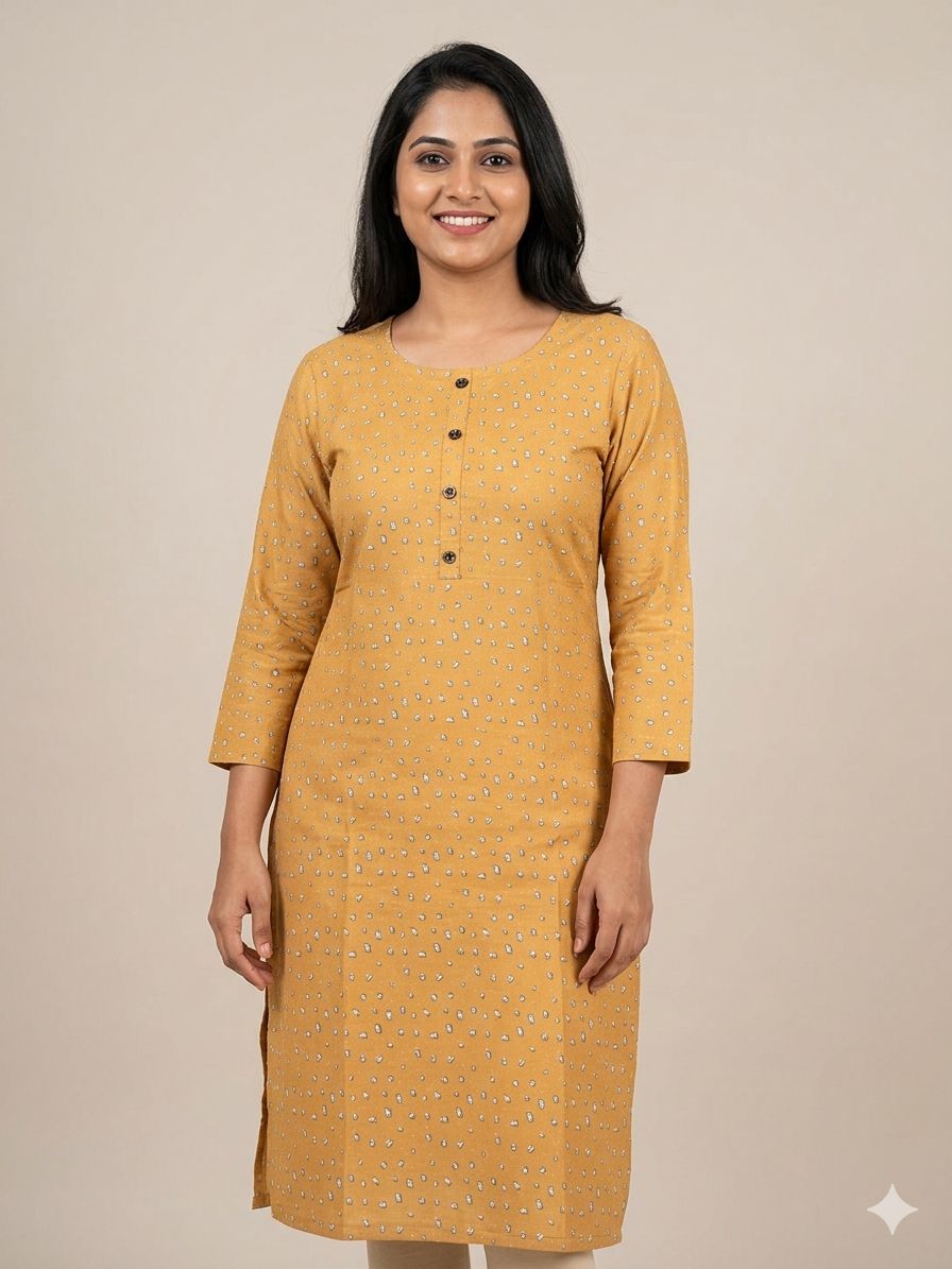 Women's Mustard Yellow 3/4 sleeves Geometric Printed Straight Kurti