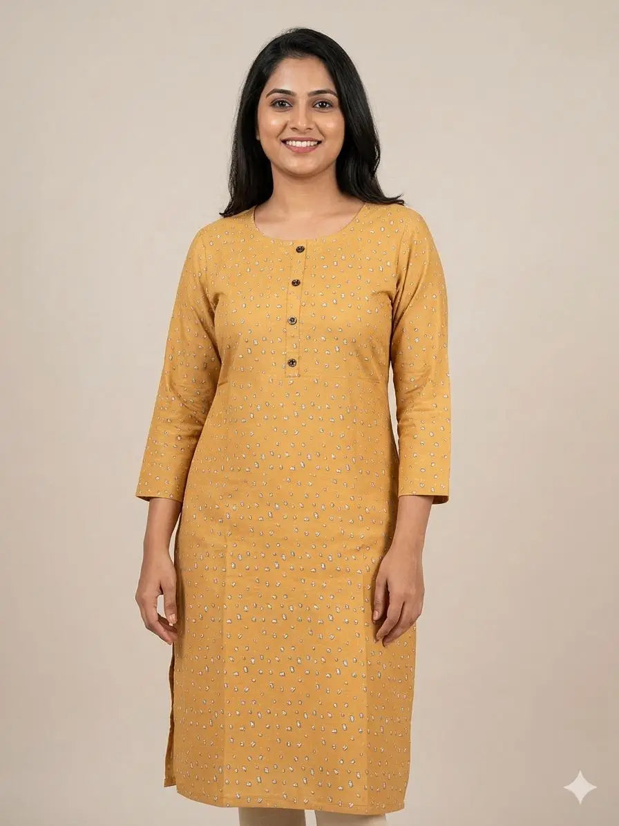 Women's Mustard Yellow 3/4 sleeves Geometric Printed Straight Kurti