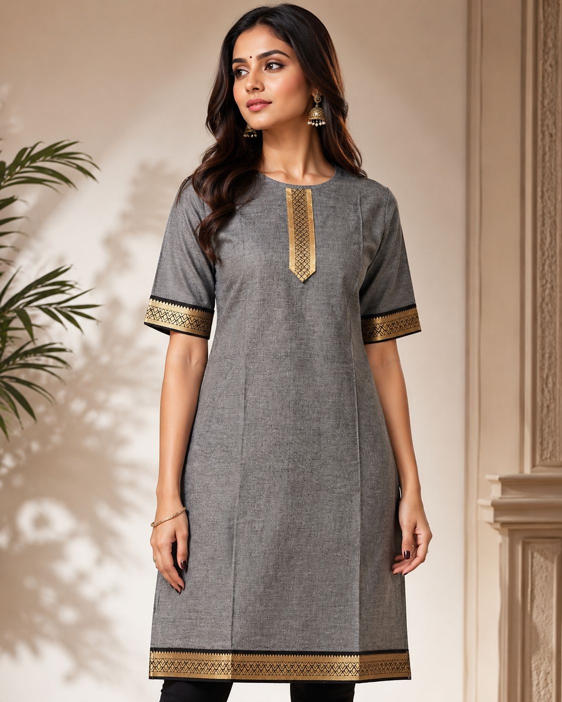 Women's Steel Grey Traditional Border half sleeves Stright cut Kurti