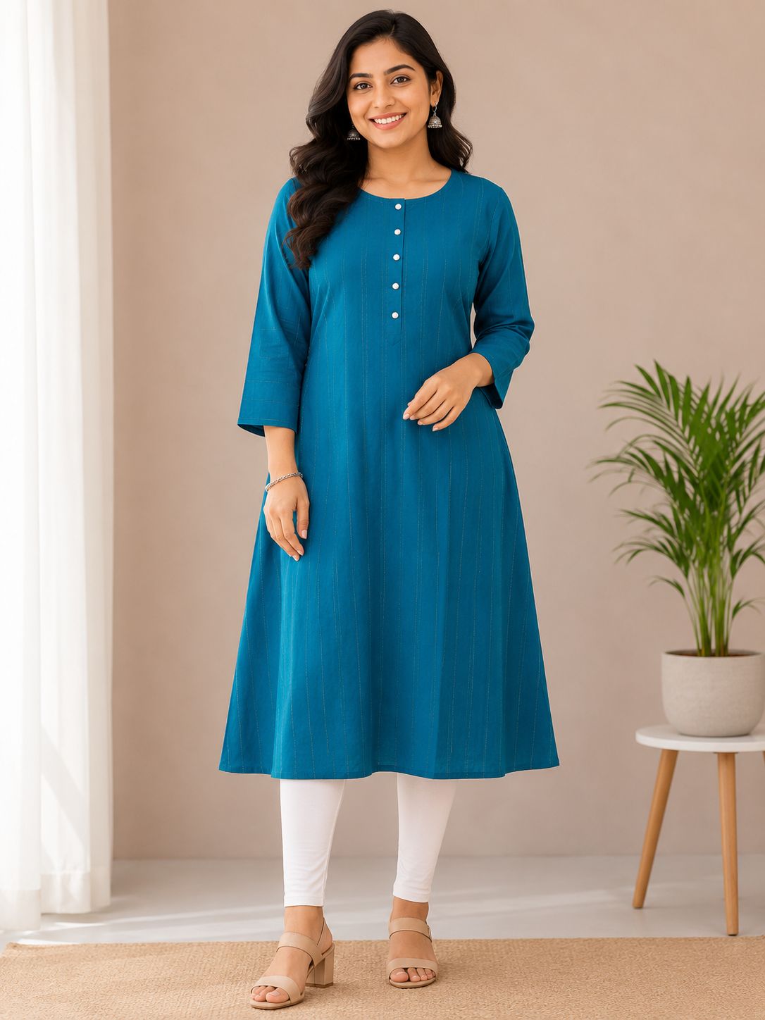 Women's Teal Blue Solid Cotton Slub 3/4 sleeves Straight Kurti