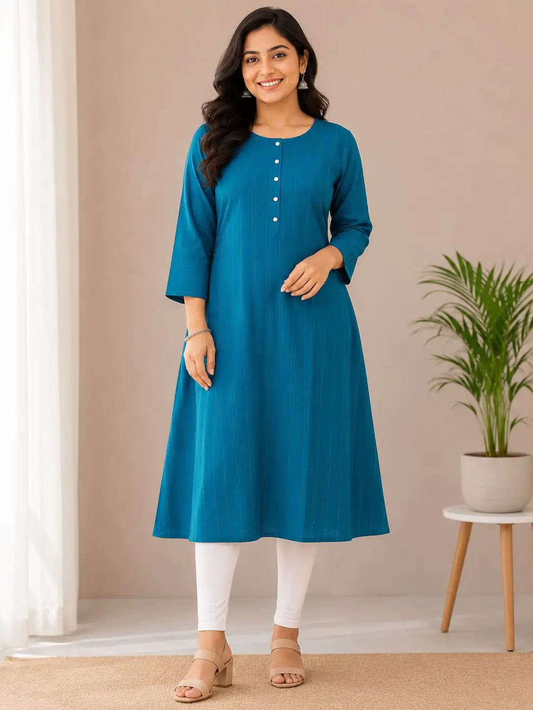 Women's Teal Blue Solid Cotton Slub 3/4 sleeves Straight Kurti