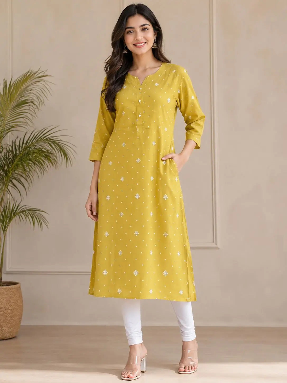 Mustard Yellow 3/4 sleeves Printed Straight Kurti Top