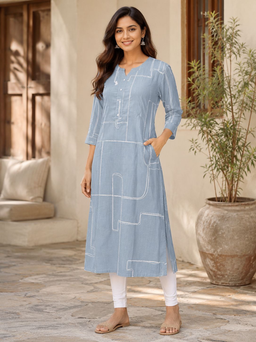 Women's 3/4 sleeves Dusty Pink & White Vertical Stripe Straight Kurti