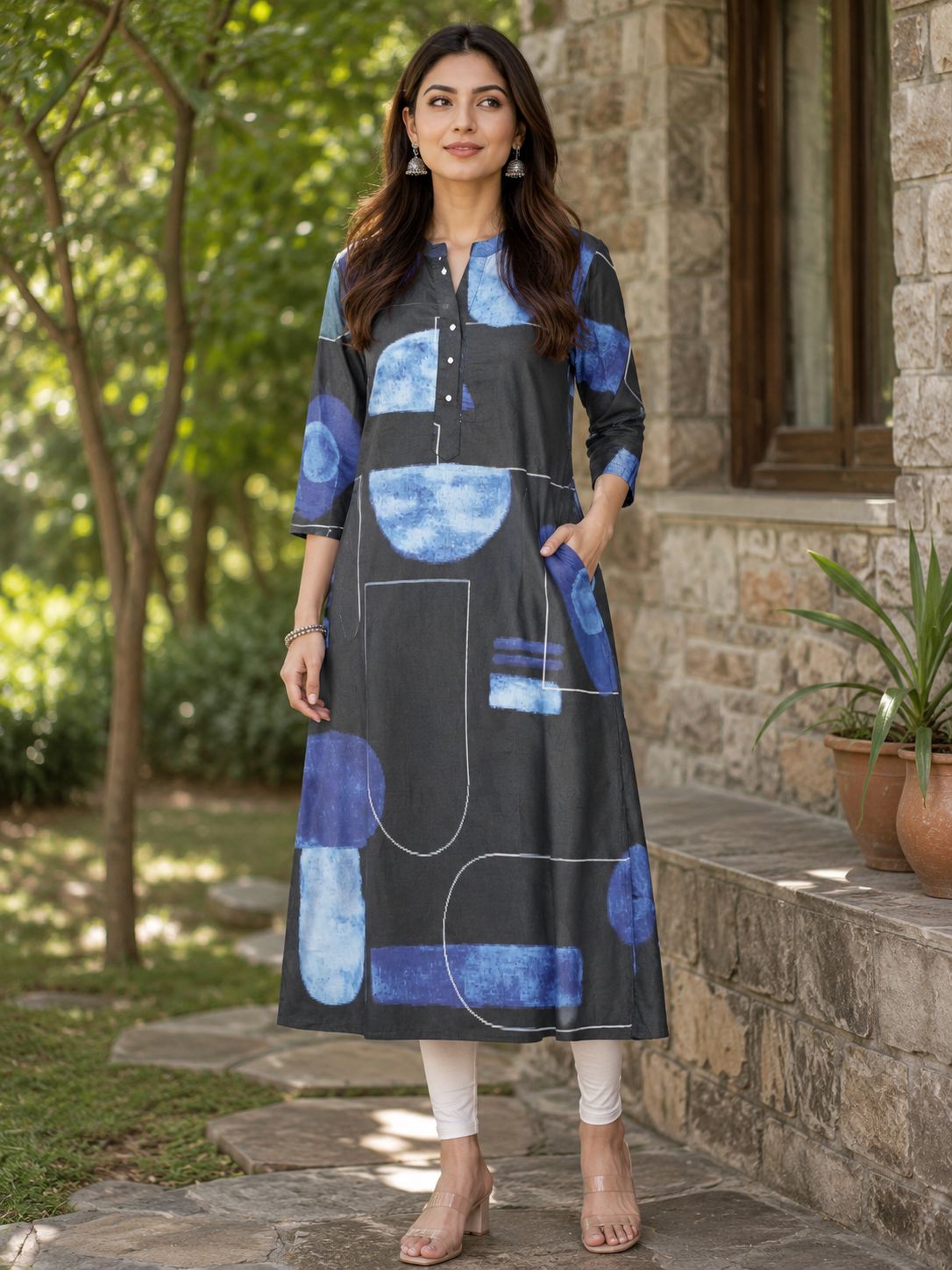 Women's 3/4 sleeves Charcoal Black Abstract Geometric Printed Straight Kurti