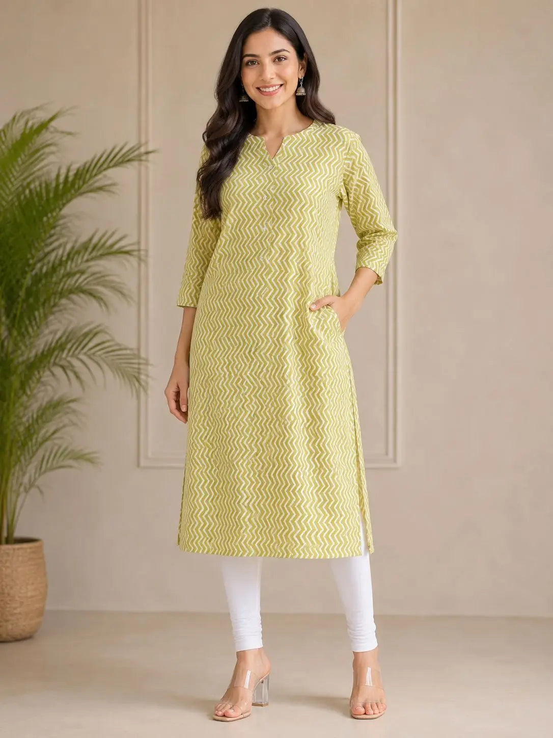 SeeLives Women's Lime Green Chevron Printed Straight Kurti | 3/4 Sleeves | Casual Ethnic Wear