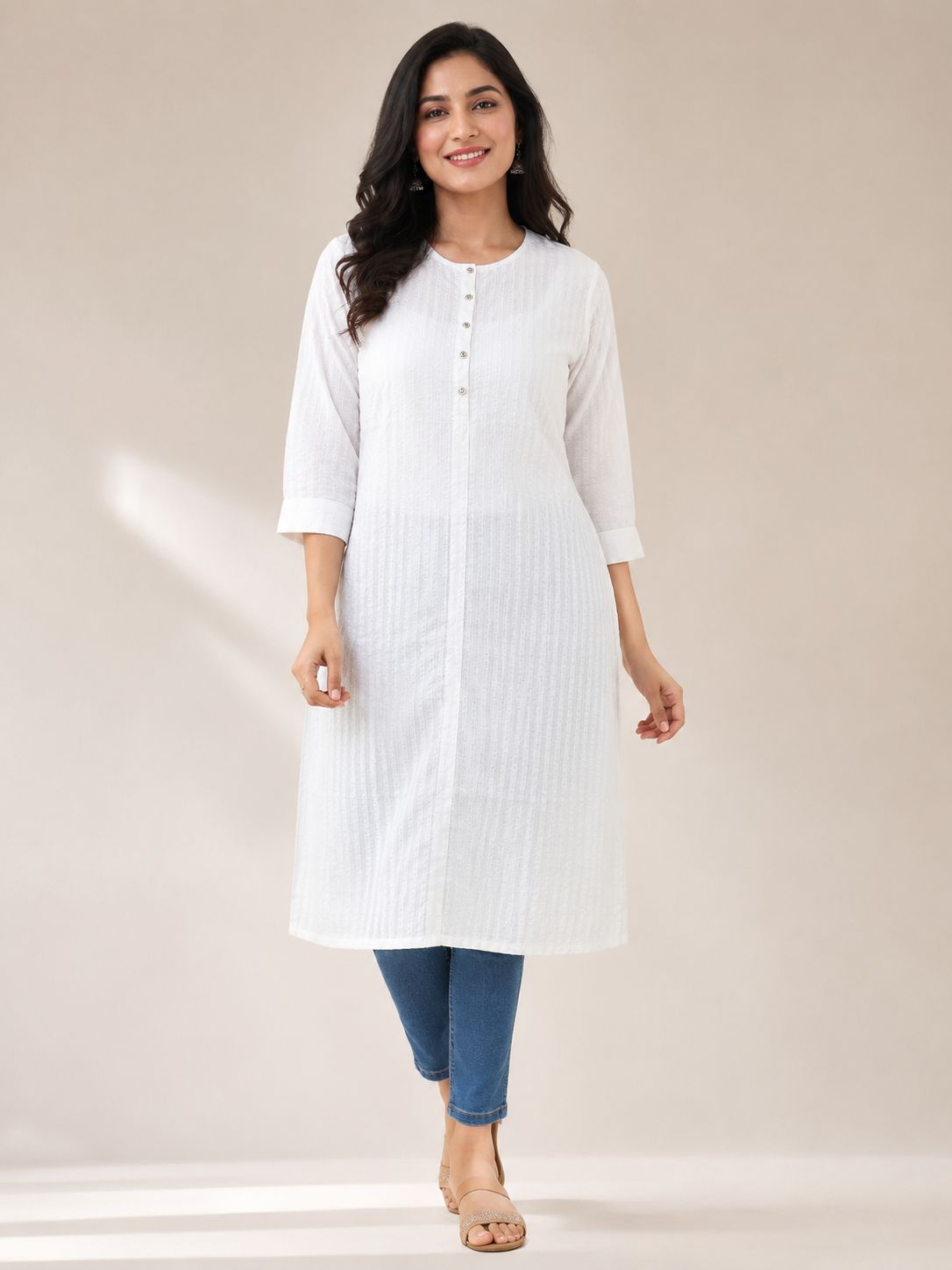Women's 3/4 sleeves White Self-Textured Kurti & Pant Co-Ord Set