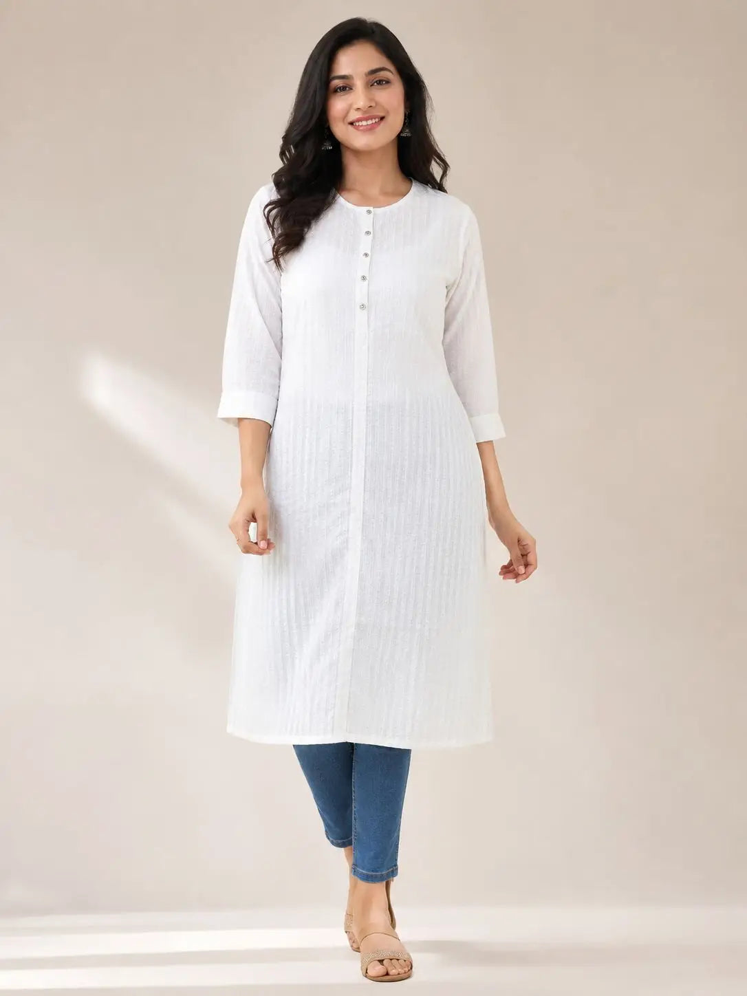 Women's 3/4 sleeves White Self-Textured Kurti & Pant Co-Ord Set