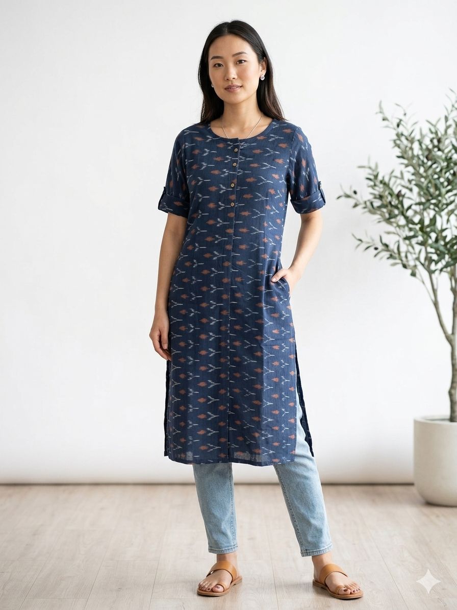 Women's 3/4 sleeves Slate Blue Ikat Printed Straight Kurti