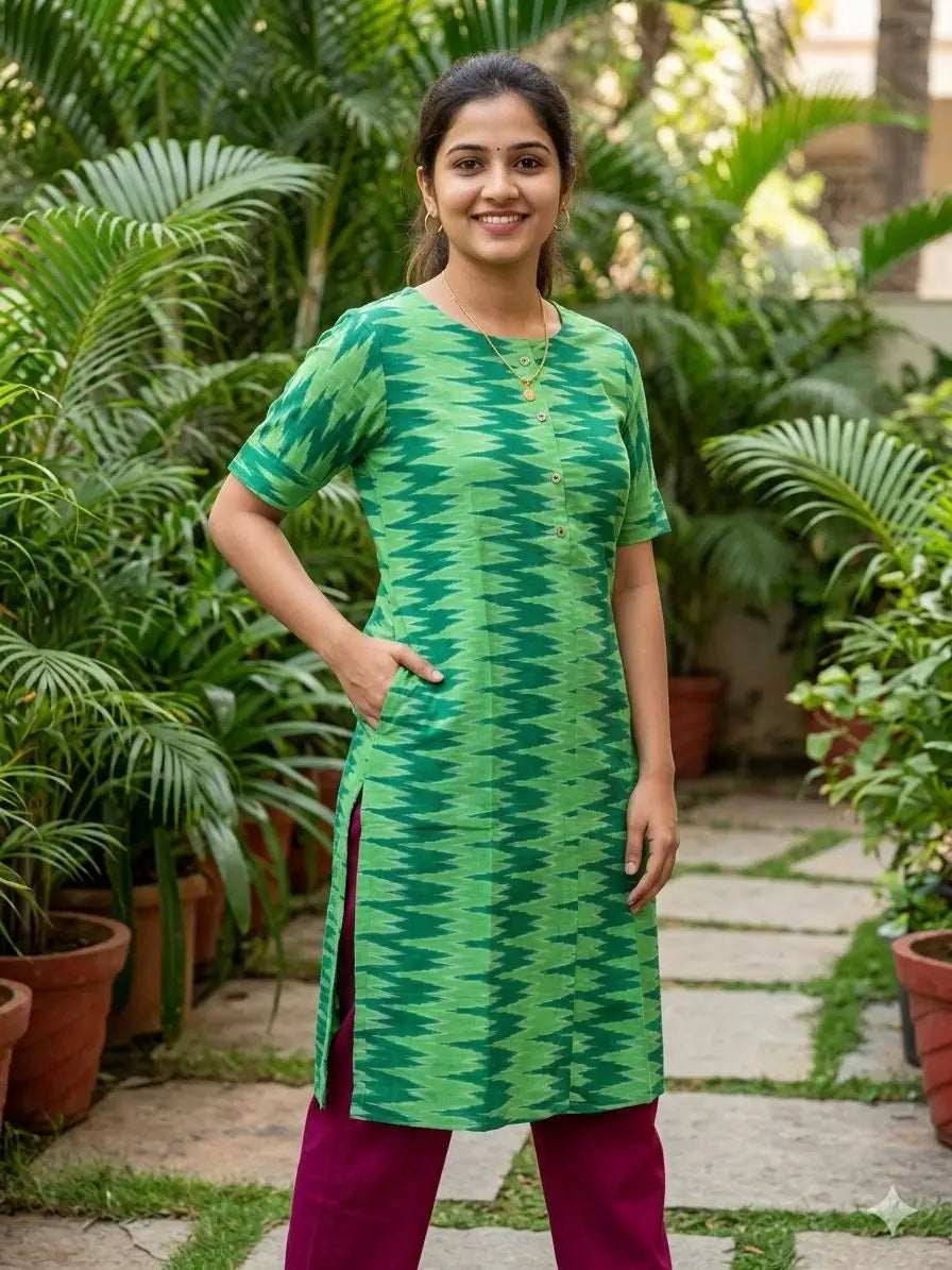 Women's Green Ikat Print Straight Kurti with Three-Quarter Sleeves