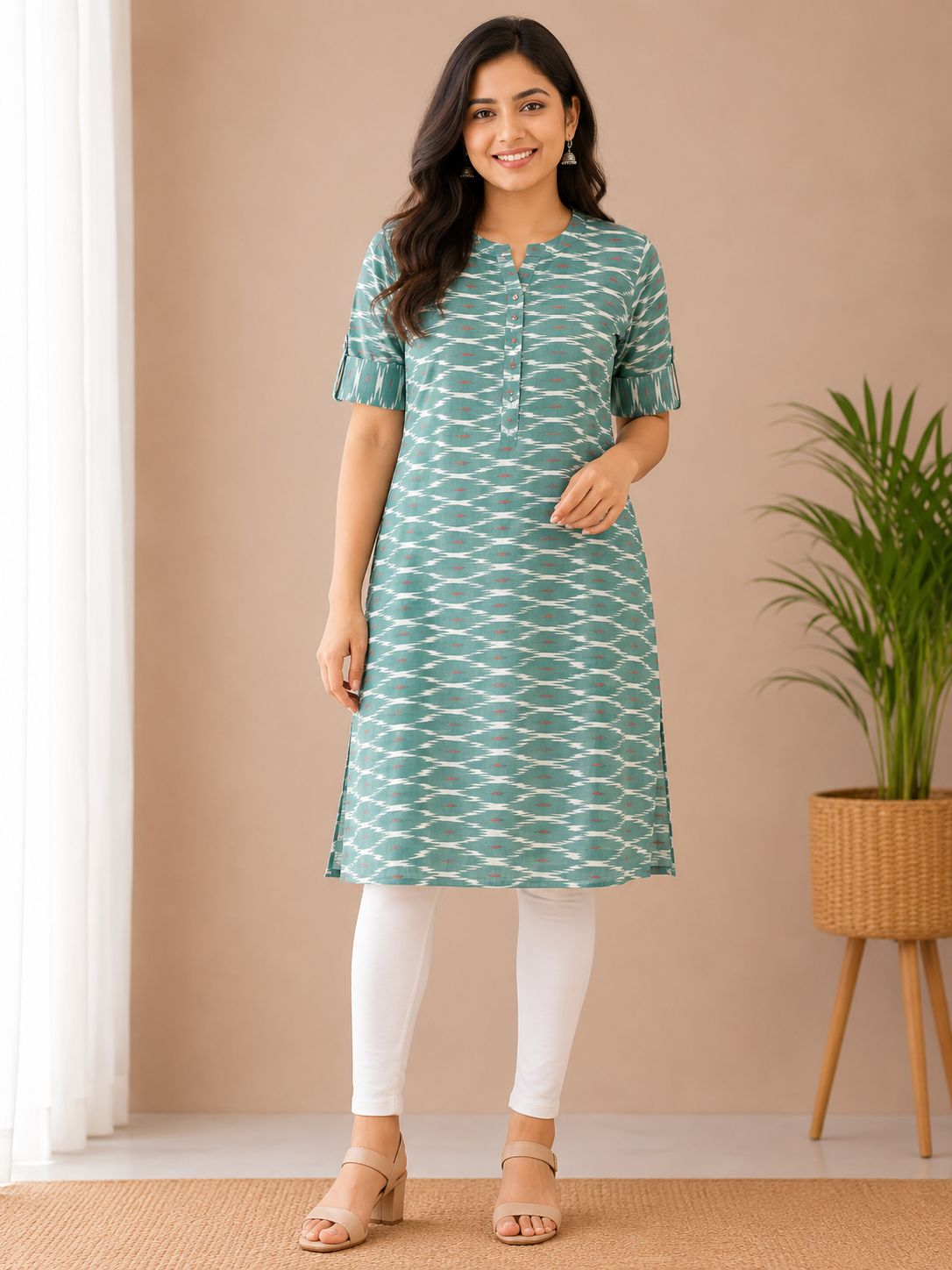 Women's Sea Green Ikat Print Straight Elbow-Length Sleeves Kurti