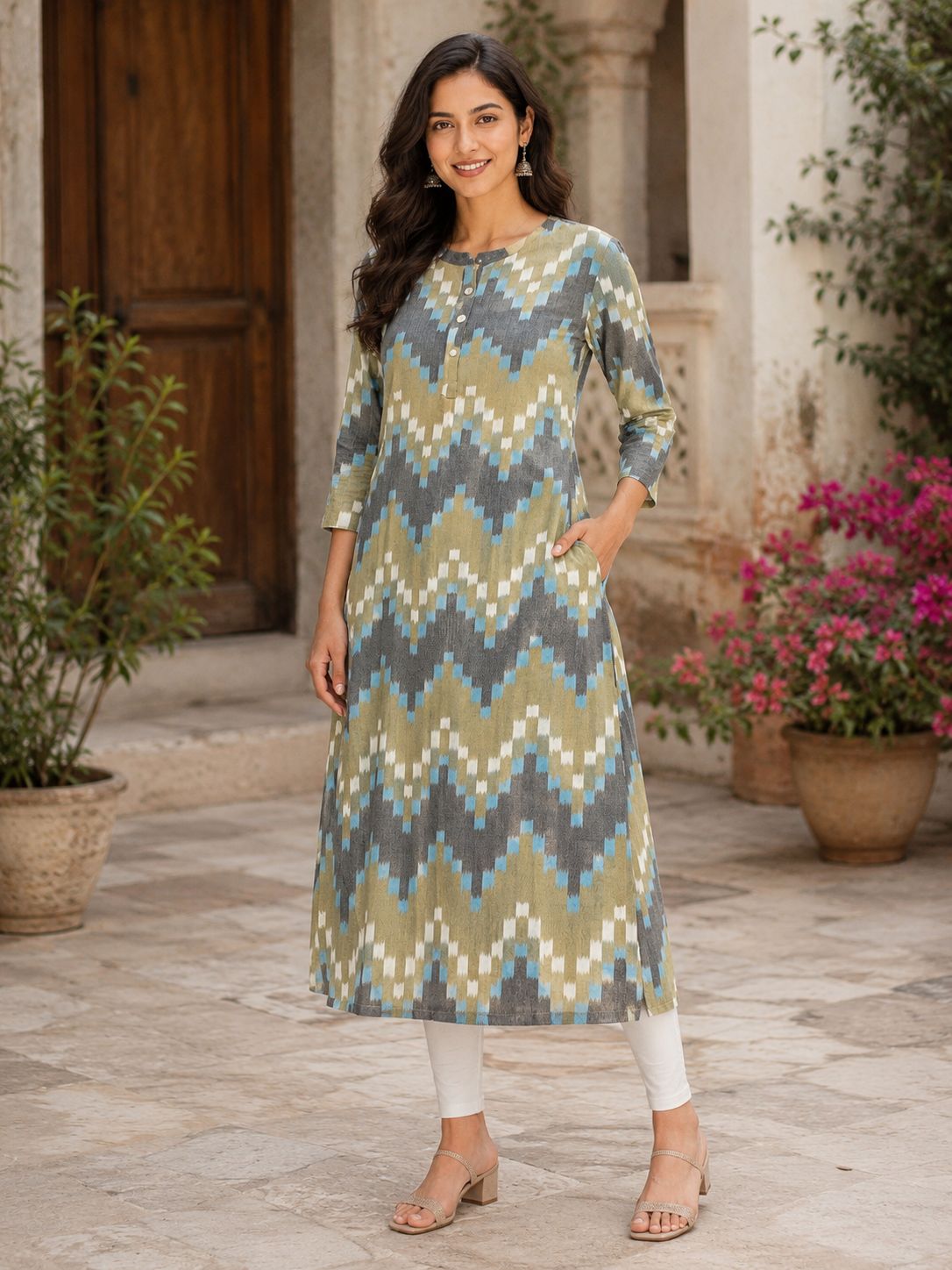 Women's Olive Green & Grey 3/4 sleeves Ikat Printed Straight Kurti