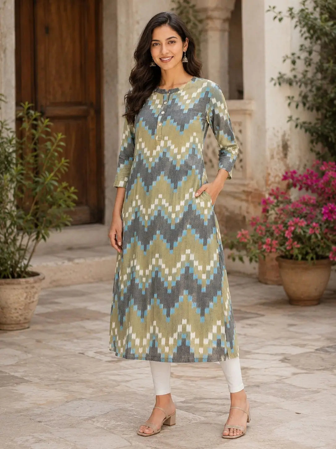 Women's Olive Green & Grey 3/4 sleeves Ikat Printed Straight Kurti