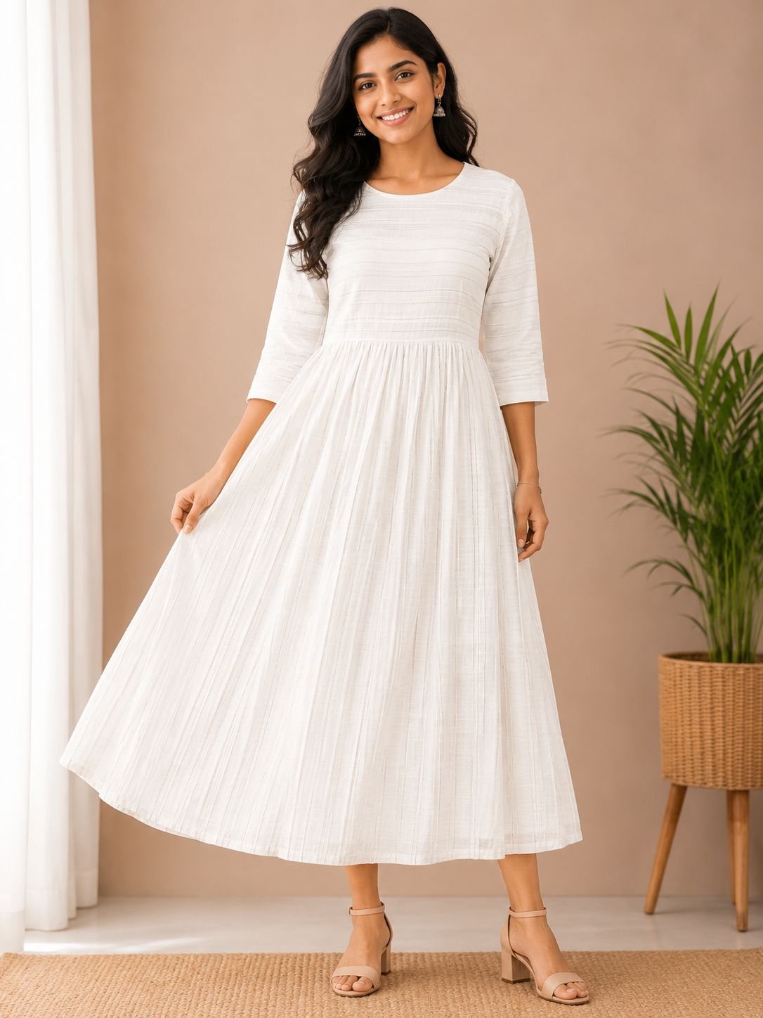 Women's White Cotton Slub Flared 3/4 sleeves Umbrella Kurthi