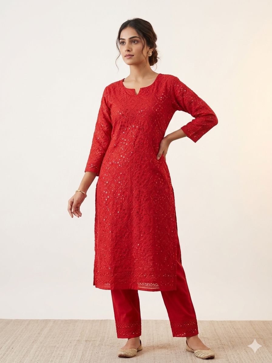 Women's Full sleeves Ruby Red Chikankari Embroidered Kurti & Pant Co-Ord Set