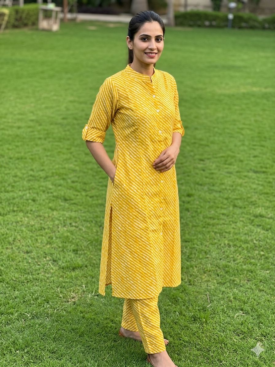 Women's Mustard Yellow Leheriya Printed 3/4 Sleeves Kurti & Pant Co-Ord Set