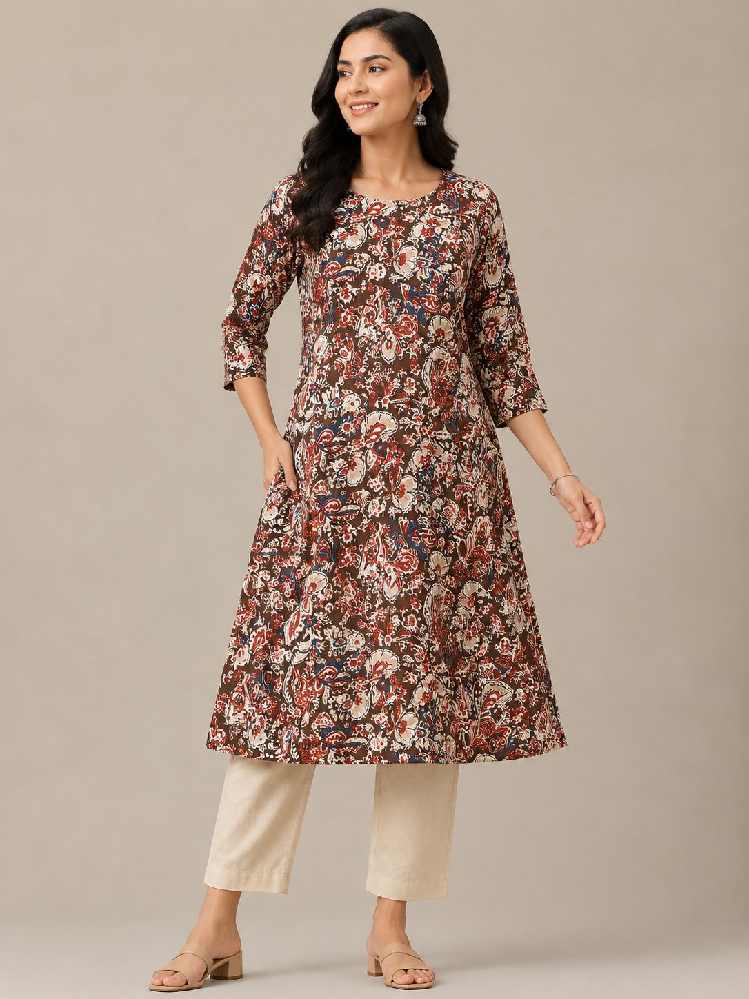Women's 3/4 sleeves Coffee Brown Paisley Floral Printed Kurti