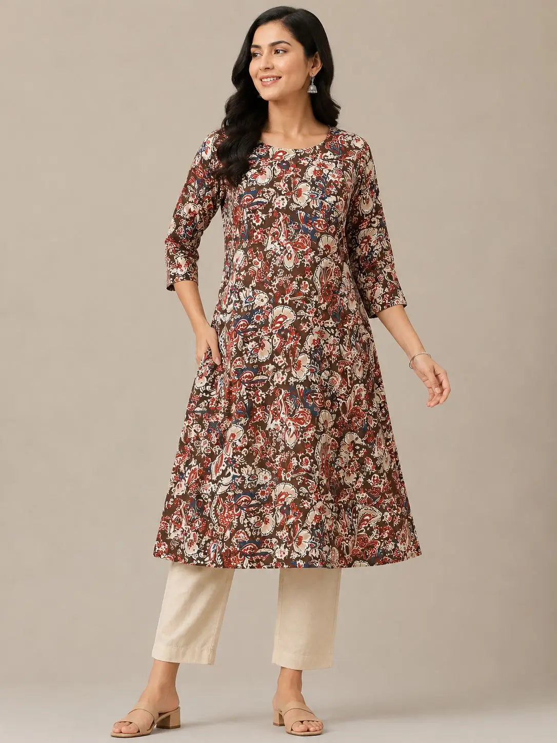 Women's 3/4 sleeves Coffee Brown Paisley Floral Printed Kurti