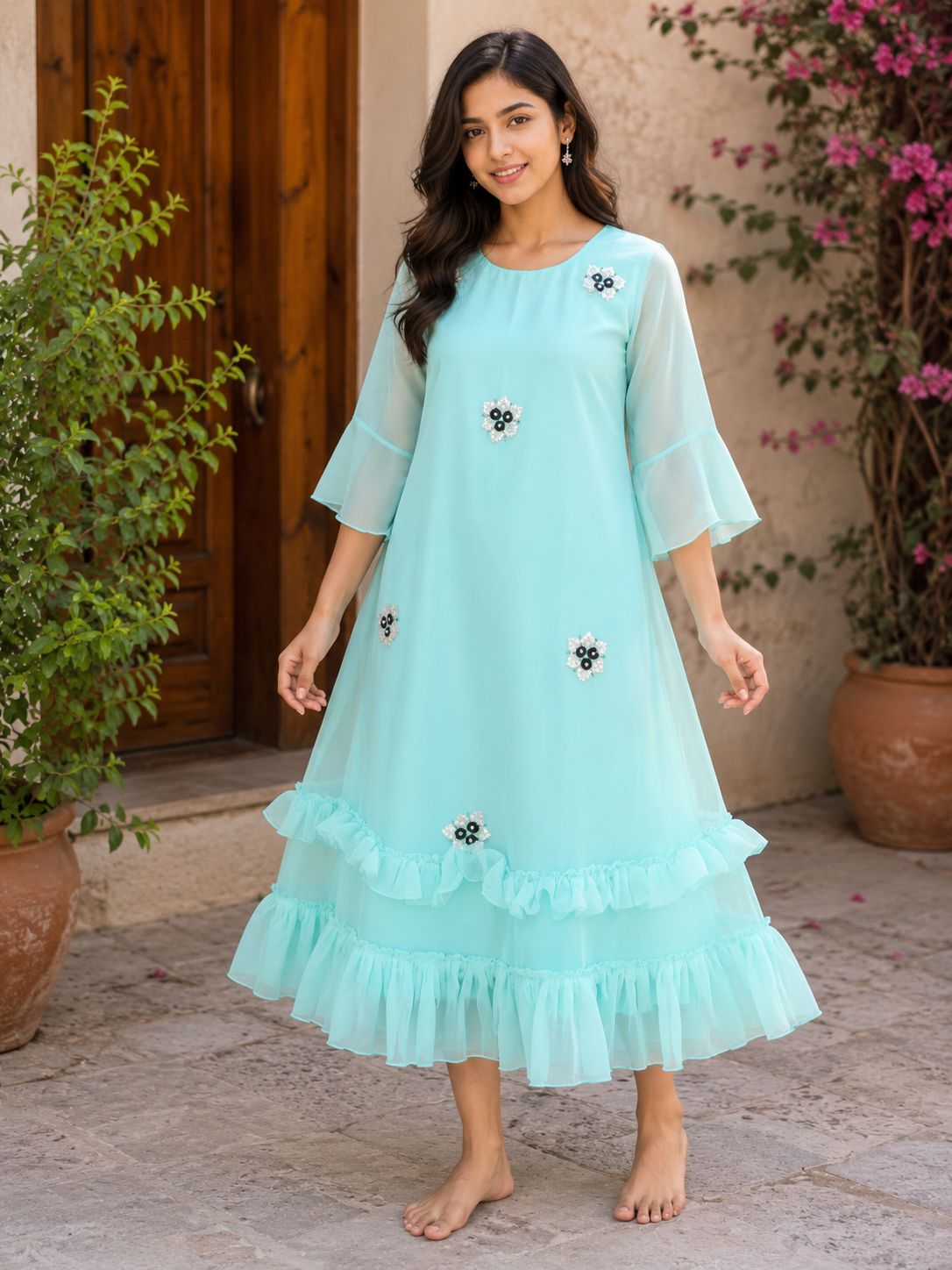 Women's Aqua Blue Embellished Georgette Ruffle 3/4 bell sleeves Kurti