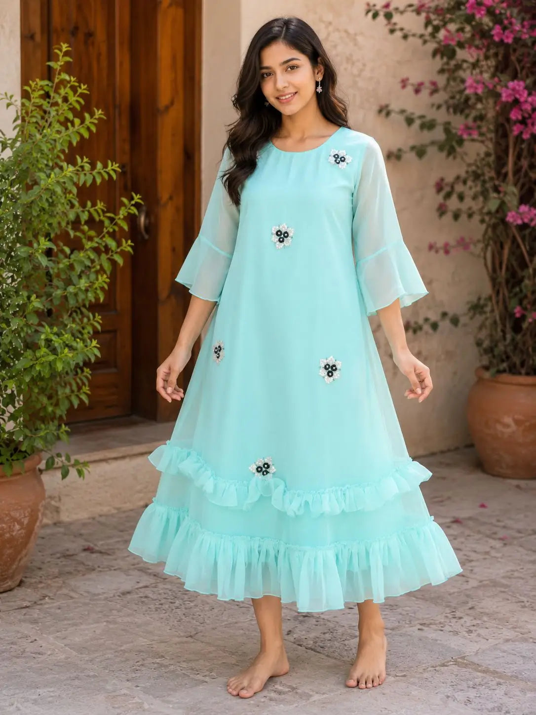 Women's Aqua Blue Embellished Georgette Ruffle 3/4 bell sleeves Kurti